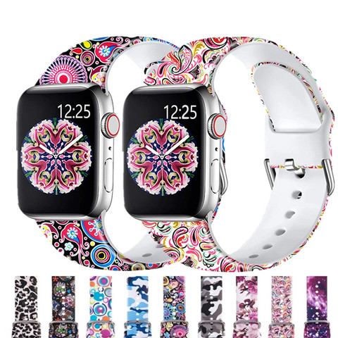 Correa de impresión para Apple Watch, correa de silicona con flores florales de 44MM, 40MM, 38MM y 42MM para iWatch Series 6 SE 5 4 3, pulsera de reloj ► Foto 1/6