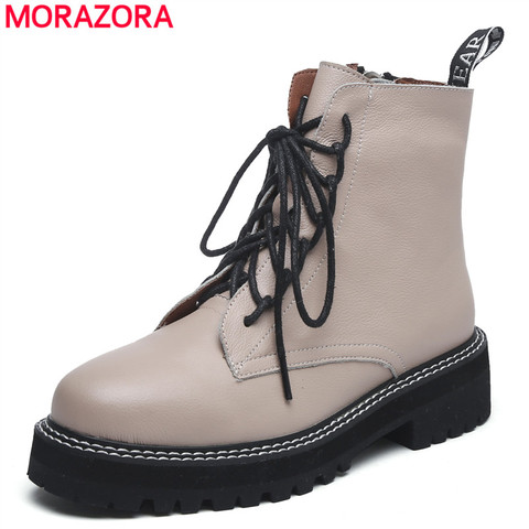 MORAZORA 2022 botas de cuero genuino zapatos de mujer suela gruesa con cordones Otoño Invierno botines de mujer botas de moto ► Foto 1/6