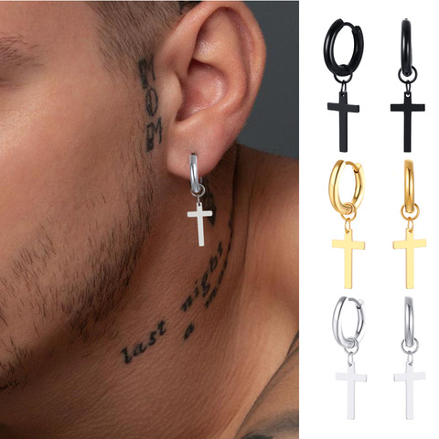 Pendiente de acero inoxidable con abalorio cruzado para hombre, joyería ► Foto 1/6