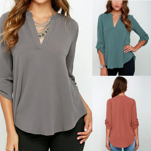 Blusa de Chifón con cuello en V de otoño para mujer, camisa informal lisa de manga 3/4 para mujer, Camisas femeninas de talla grande ► Foto 1/6