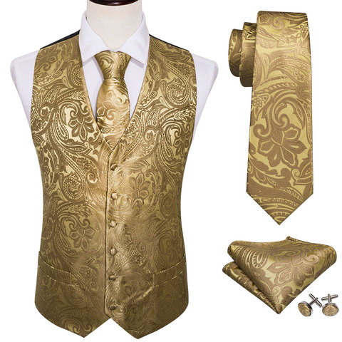 4PC hombre Extra Chaleco de seda boda fiesta estampado de Cachemira de color dorado sólido Floral chaleco bolsillo cuadrado corbata traje Barry.Wang BM-2017 ► Foto 1/6