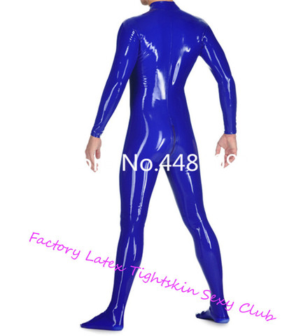 Catsuit de manga larga de látex azul oscuro para hombre, traje corporal de látex con cremallera frontal de tres vías a través de la entrepierna, con calcetín, personalizado ► Foto 1/2