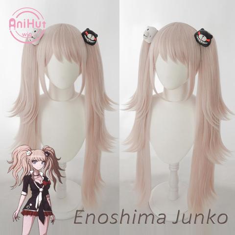 【AniHut】Enoshima Junko peluca Cosplay Danganronpa sintético resistente al calor de las mujeres Rosa BunchesHair con oso horquilla Enoshima Junko ► Foto 1/6