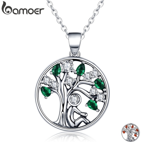 BAMOER Popular Plata de Ley 925 COLLAR COLGANTE de árbol de la vida transparente verde CZ mujeres joyería de moda Brincos regalo SCN094 ► Foto 1/5