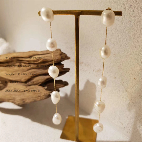 Pendientes clásicos de perlas de Frashwater naturales para mujer, aretes largos de borla para mujer, cadena de Color dorado, pendientes de gota para novias, regalo de joyería ► Foto 1/6