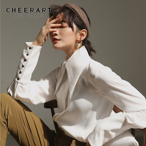 Cheerart-Blusa de manga larga con botones y cuello grande para otoño, camisa blanca Vintage para mujer, 2022 ► Foto 1/6