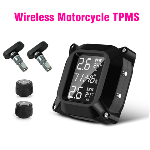 Sistema de supervisión de presión de neumáticos TPMS para motocicleta, inalámbrico, 2 uds., Sensor externo LCD, pantalla de tiempo, Monitor de temperatura de neumáticos, alarma ► Foto 1/5