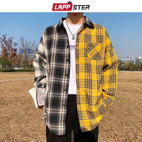 LAPPSTER-Camiseta a cuadros de algodón para hombre, camisa de manga larga abotonada de retales estilo Hip Hop para hombre, ropa Harajuku coreana para parejas, 2022 ► Foto 1/6