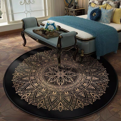 Alfombra redonda Retro de flores negras y doradas, alfombrilla para suelo y silla de loto, suave, antideslizante, para sala de estar, decoración de dormitorio ► Foto 1/6