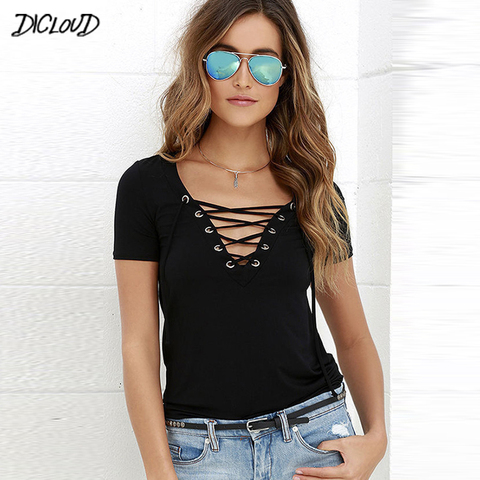 DICLOUD-Camiseta de moda con cuello en V para mujer, Tops negros para mujer, camiseta de manga corta con encaje, camisetas huecas de talla grande ► Foto 1/6