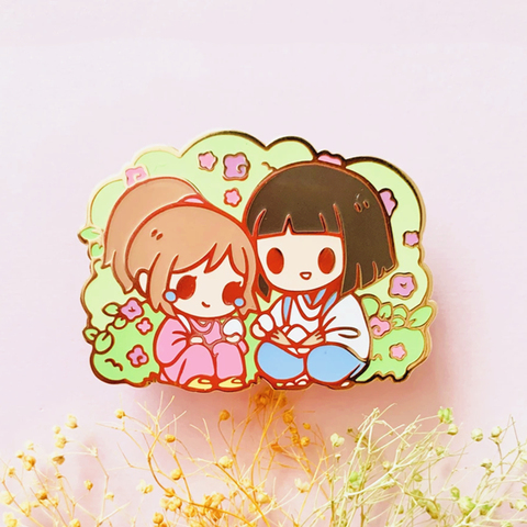 Pin de esmalte duro de Haku y Chihiro, Pin de dibujos animados de animales, broche dorado, planta Pastel, hierba, flores, regalo de seguidor de Anime ► Foto 1/2