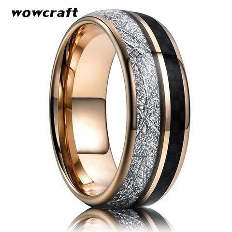 Anillo de boda de carburo de tungsteno para hombre y mujer, oro rosa, con incrustaciones de meteorito de fibra de carbono, compromiso, joyería cómoda ► Foto 1/6