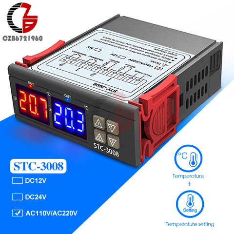 STC-3008 AC 110V 220V doble Digital Teperature controlador termostato nevera Control de enfriamiento de calefacción de doble LED sonda del Sensor ► Foto 1/6