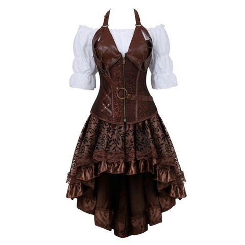 Vestido gótico con corsé Steampunk, Corset de cuero PU, Top corto, blusa renacentista con falda burlesca, conjunto de tres piezas, disfraz de pirata ► Foto 1/6