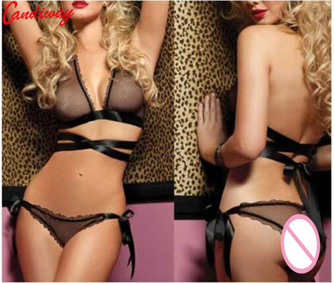 Candiway-Bikini de malla negra con Espalda descubierta, lencería erótica, perspectiva de tres puntos, tentación, el mejor regalo para enamorados ► Foto 1/3