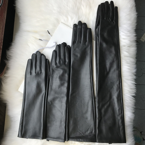 Guantes de piel auténtica para mujer, Guante largo de piel de oveja negra sobre el codo, 4050cm, mitones para mujer, manga de brazo de terciopelo cálido a la moda para invierno ► Foto 1/6