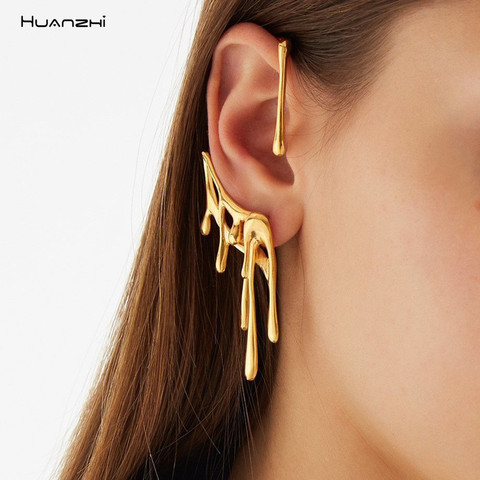 HUANZHI2022-pendientes de aro de oro para mujer y niña, aretes irregulares de Lava de Metal, sin Piercing, pendientes geométricos de cartílago, joyería ► Foto 1/6