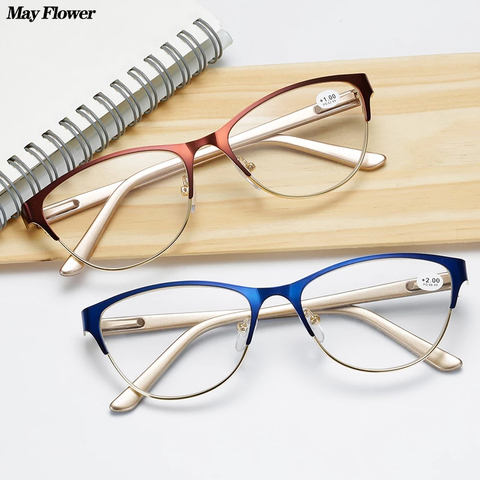 May Flower-gafas de lectura ópticas metálicas para mujer, Ojo de Gato tipo gafas de lectura, a la moda con dioptrías, montura de gafas redondas + 4 ► Foto 1/6