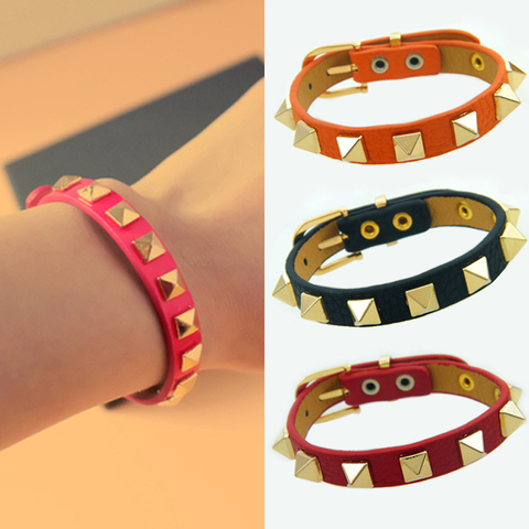 Estilo Punk dorado plateado de remache de acero inoxidable pulsera 4 agujeros ajustable pulsera de cuero genuino brazalete para hombres y mujeres de regalo ► Foto 1/6