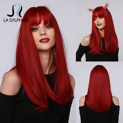 La Sylphide-Peluca de cabello sintético rojo para mujer, cabellera larga y lisa con flequillo para Cosplay de Halloween, resistente al calor, color blanco y negro ► Foto 1/6