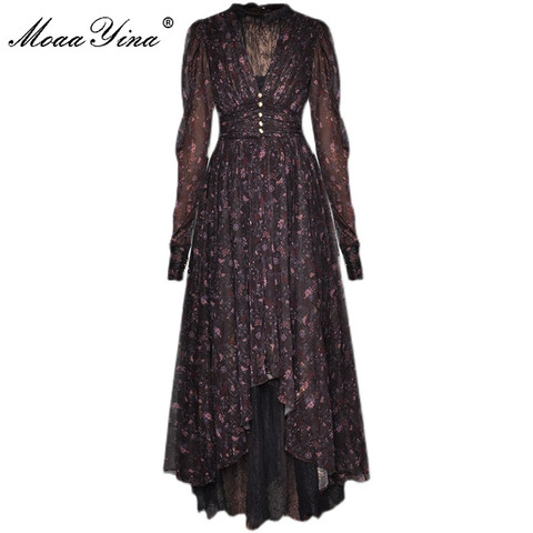 MoaaYina-vestido de diseñador de moda de primavera para mujer, Vestido de manga larga fruncido con estampado Floral de encaje asimétrico, vestidos de vacaciones ► Foto 1/6