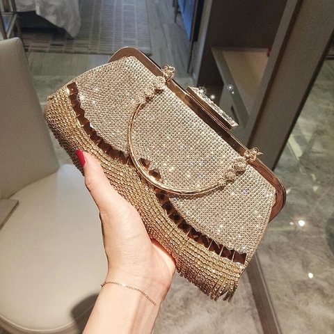 Bolso de mano de boda para mujer, Cartera de lujo con borla de diamantes de imitación, bolso de noche dorado para banquete, bolso de hombro con cadena ZD1776 ► Foto 1/6