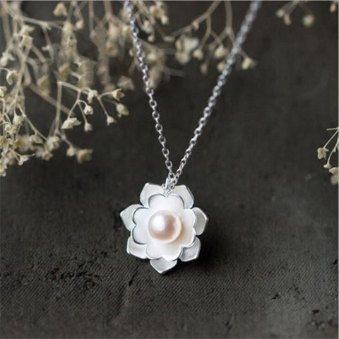 ¡Nueva moda 925! Joyería de plata de ley para mujer, collar con colgante de flores de loto de color blanco Cuentas de concha, H305 ► Foto 1/4