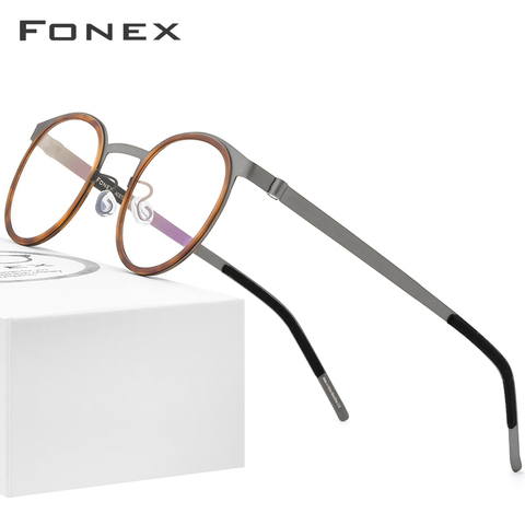 FONEX acetato de montura de aleación para gafas hombres mujeres Vintage redondo miopía óptico montura de prescripción gafas sin tornillos gafas 98625 ► Foto 1/6