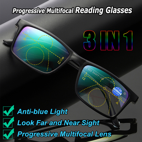 Gafas de lectura bifocales 3 en 1 Unisex, anteojos para presbicia con luz azul, visión de lejos, gafas de hipermetropía ► Foto 1/6
