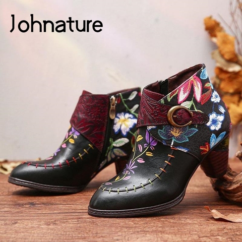 Johnature-Botas de piel auténtica para mujer, botines hechos a mano con cremallera, punta redonda, flor de colores mixtos, para otoño e invierno, 2022 ► Foto 1/6