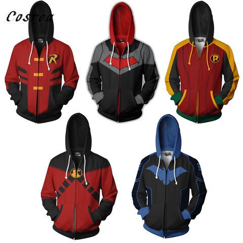 Sudadera con capucha de sudaderas Cosplay con capucha y cremallera para hombre, jersey con capucha roja, Tops, disfraz de Robin, chaqueta, abrigos Harajuku ► Foto 1/6