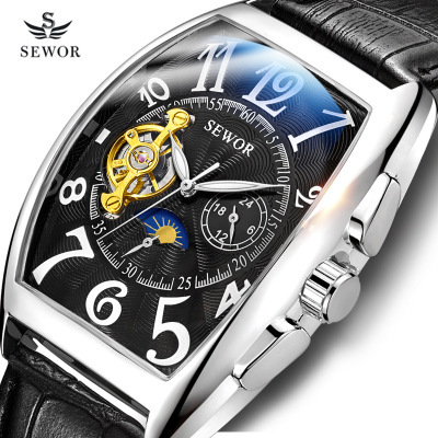 SEWOR-Reloj de pulsera automático para hombre, mecánico, con correa de cuero negro, Tourbillon, fase lunar, Masculino ► Foto 1/6