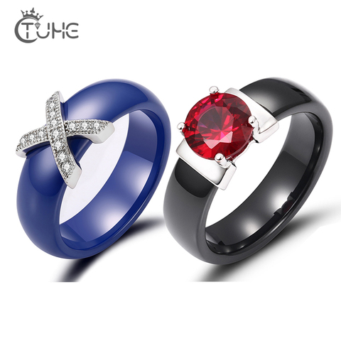 Saludable blanco rosa azul anillos de cerámica para las mujeres con AAA de cristal rojo X Cruz boda Banda 6mm de tamaño 6-11 nunca se desvanecen y cero ► Foto 1/6