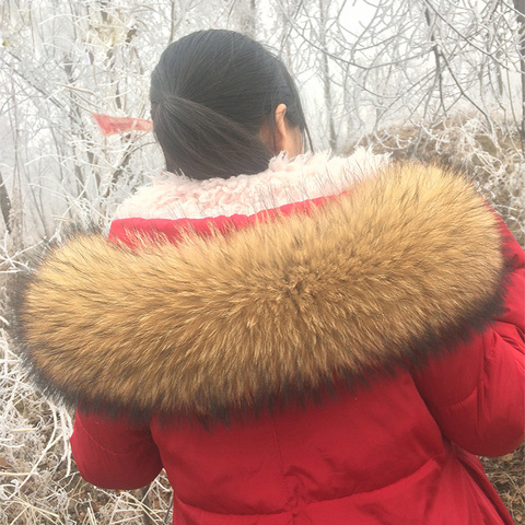 100% de piel de mapache para mujer, con cuello abrigo de invierno, bufanda de piel auténtica de talla grande ► Foto 1/6