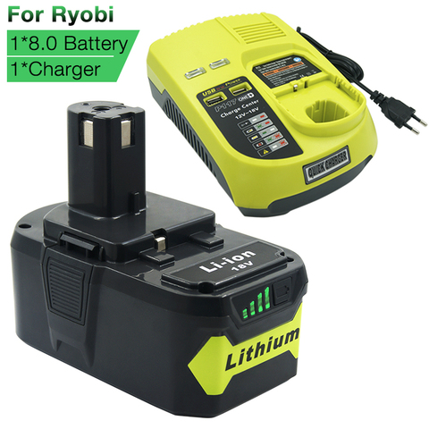 Batería de ion de litio de 8000mAh para Ryobi, Pila de ion de litio de 18V, P108 + P117, cargador para Ryobi 9,6 V-18V ni-cd Ni-Mh, juego de batería y cargador ► Foto 1/6