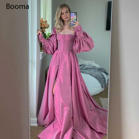 Booma-Vestidos rosas elegantes para baile de graduación, Mangas de obispo, abertura larga, tafetán de la tarde, vestidos largos de corte en A con botones ► Foto 1/6