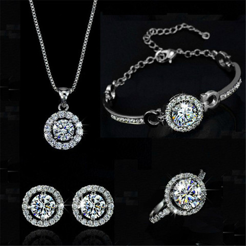 Conjunto de joyería de cristal blanco para mujer, Simple, pendiente de tuerca de Color dorado y plateado para mujer, anillo, pulsera, collar de cadena de boda ► Foto 1/2