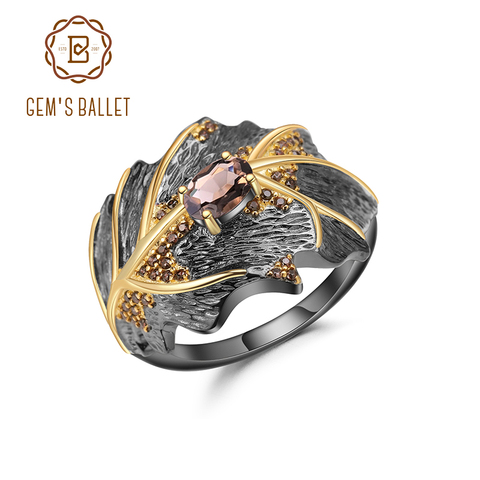 GEM'S BALLET-Anillo de Plata de Ley 925 y cuarzo ahumado Natural para mujer, joyería hecha a mano, con forma de hoja, de 0,75 quilates ► Foto 1/6