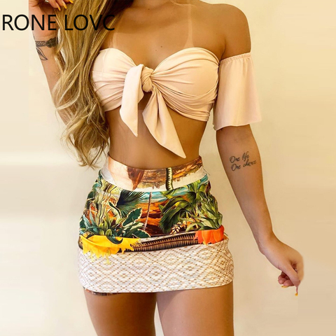 Conjunto de Top y falda con estampado Tropical para mujer, conjunto informal de 2 piezas con hombros descubiertos y lazo en la parte delantera ► Foto 1/3