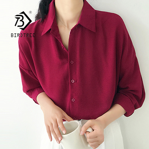 Blusa de gasa color liso con cuello vuelto para mujer, camisa abotonada de gran tamaño color vino tinto, estilo coreano, T9O905F ► Foto 1/6