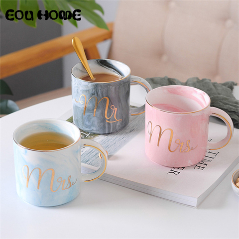 Tazas de café de cerámica de mármol, tazas de café de cerámica de 400ml con monograma dorado, para pareja de tazas de té, jugo de leche, regalo de boda creativo ► Foto 1/6