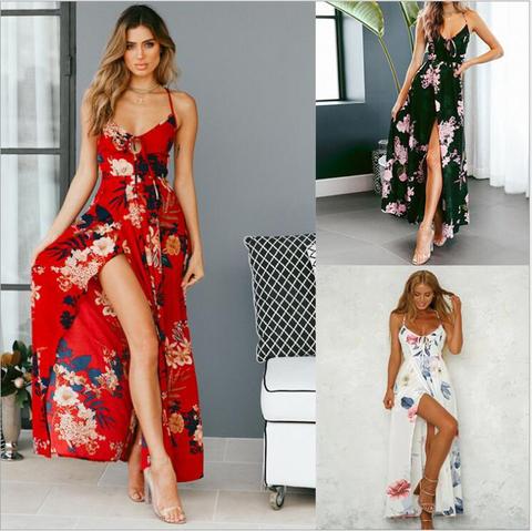 Red Backless vestid grande Floral de Verano de 2022 las mujeres Sexy de fiesta, espaguetis Correa vestido Boho Beach Weist vestido de gasa Vestidos ► Foto 1/6
