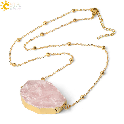 CSJA-collar de piedra de cuarzo rosa Natural para mujer, cadena fina con doble hebilla de Color dorado, colgante de cristal Irregular, joyería curativa para mujer G494 ► Foto 1/6