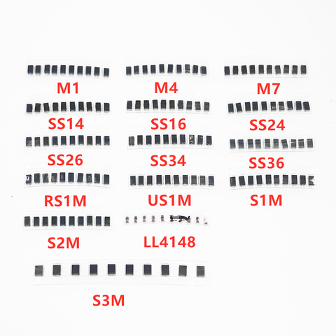 SMD de conmutación rápida Schottky Set de diodos surtidos Set (M1 M4 M7 S1M S2M S3M SS14 SS16 SS24 SS26 SS34 SS36 RS1M US1M LL4148) ► Foto 1/2