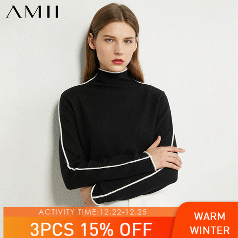 AMII minimalismo Otoño Invierno suéter para mujeres Causal empalmado Slim Fit suéteres de cuello alto para mujeres suéteres para mujer 12040303 ► Foto 1/5