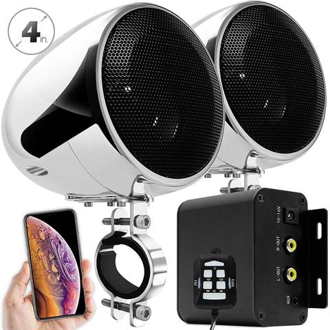 Juego de Audio para motocicleta Aileap M150 con amplificador estéreo de 2 canales, altavoces impermeables de 4 pulgadas, Bluetooth, Radio FM, AUX MP3 (cromo) ► Foto 1/6