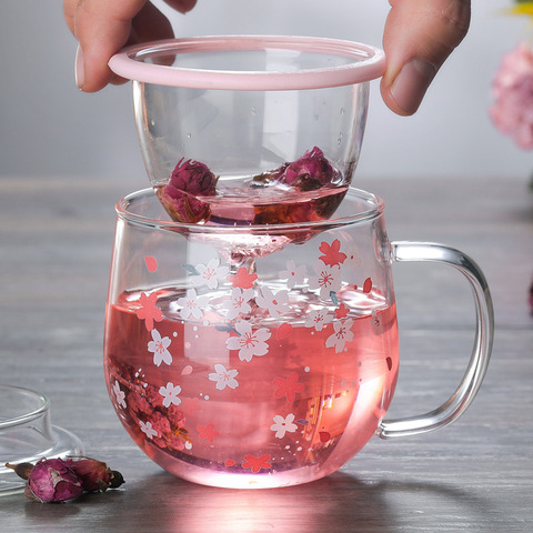 Taza de cristal japonesa con filtro Infusor de té y tapa, vasos transparentes resistentes al calor para beber, con flores de cerezo, té, 300ml ► Foto 1/6