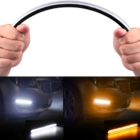 Luz LED DRL de circulación diurna para coche, faro decorativo de 12V, resistente al agua, Flexible, con señal de giro secuencial, luz de día de flujo amarillo, 2 uds. ► Foto 1/6