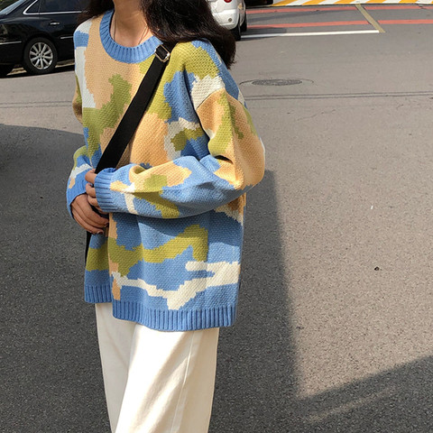 Suéteres cálidos de punto holgados de estilo coreano en 3 colores para mujer, suéteres y jerséis de camuflaje de retazos de color para mujer (F1372 ► Foto 1/6