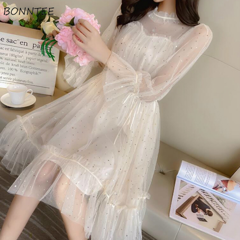 Vestido de manga larga para mujer, elegante, de malla, Patchwork, lentejuelas, dulce hasta la rodilla, para chicas, Kawaii, fiesta de cumpleaños de verano ► Foto 1/6